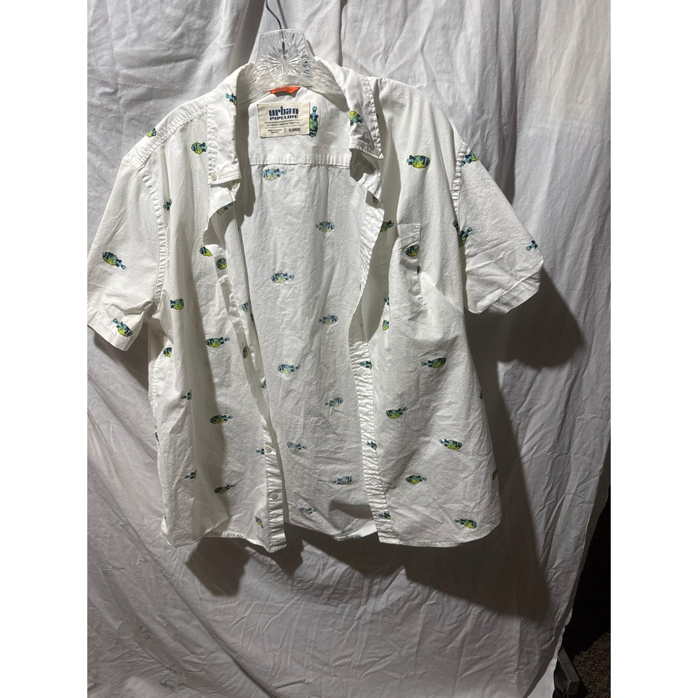 Urban Pipeline Mens XL White Tropical Fish Print Maxflex Button Down Shirt SS
